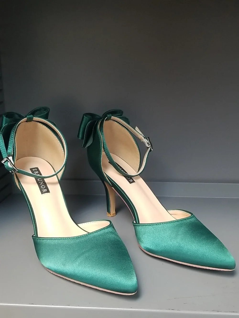 Emerald Satin Pointed-Toe Ankle-Strap Heels with Bow Accent